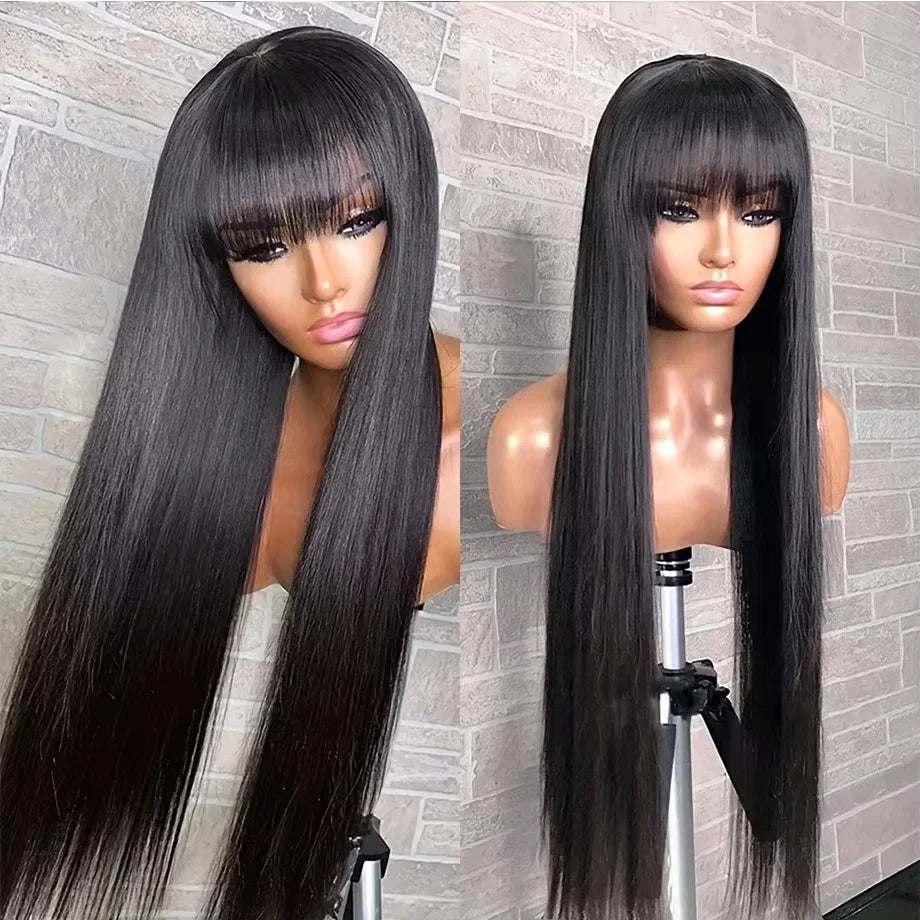 Straight Human Hair Wis 34 Inche Wigs With Bangs 3x1 Full Machine Made Human Hair Wigs For Women Natural Color 220% Density