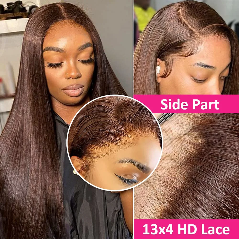 13x4 HD Chocolate Brown Bone Straight Lace Front Wig 34Inch Lace Frontal Wig Human Hair PrePlucked #4 Color Human Hair Wigs