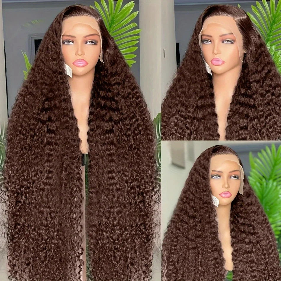 Chocolate Brown Curly Wave 13x6 Hd Lace Human Hair Wig 30 38 Inch Water Wave Human Hair Wig 13x4 Frontal Wig Hd Lace #4 Colour