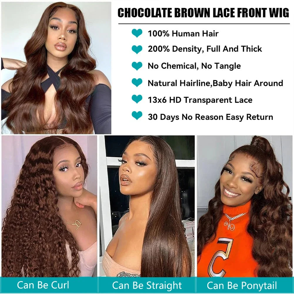 Body Wave Chocolate Brown Lace Front Wigs Human Hair 13x4 13x6 HD Lace Frontal Wig For Women Peruvian Lace Wigs Natural Hairline
