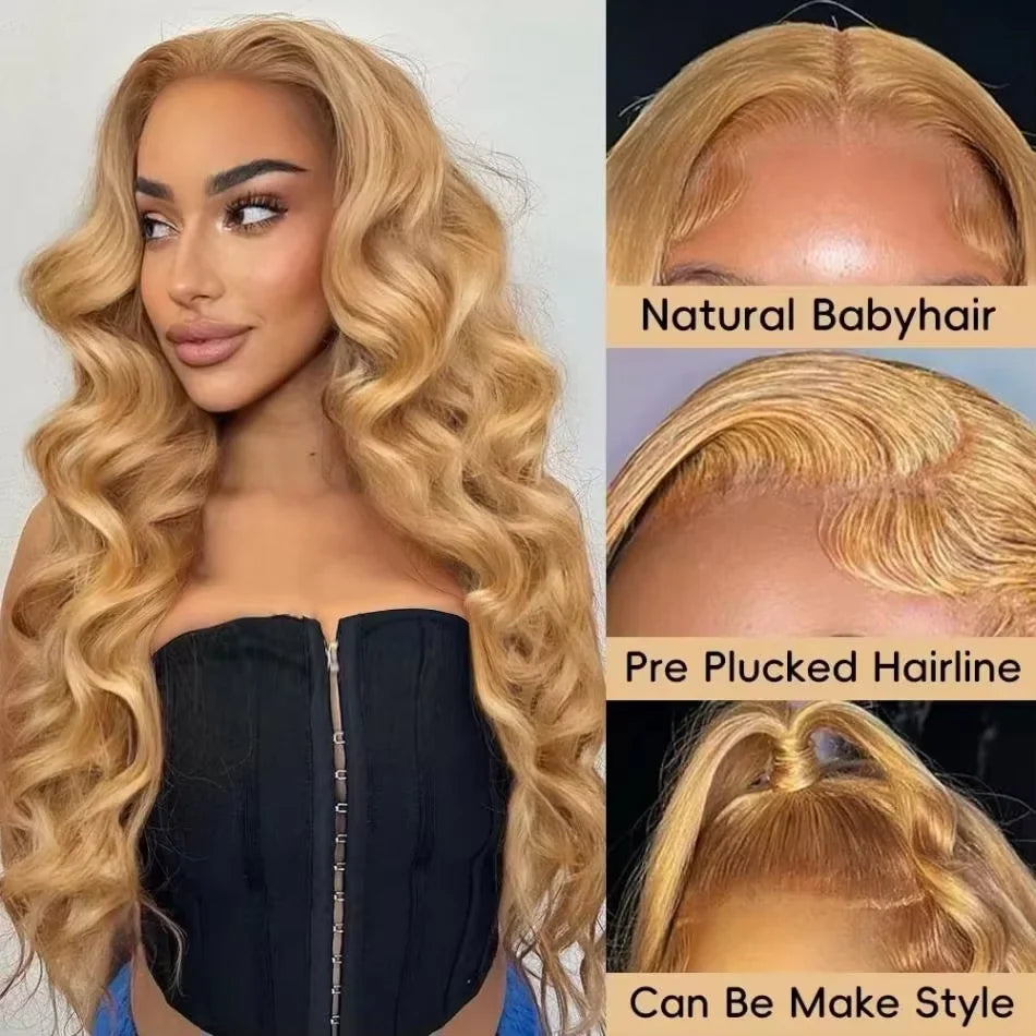 27# Body Wave 32 Inch Honey Blonde Color 13x6 HD Lace Front Wigs Human Hair 220% Density Raw Virgin Highlight Lace Frontal Wig