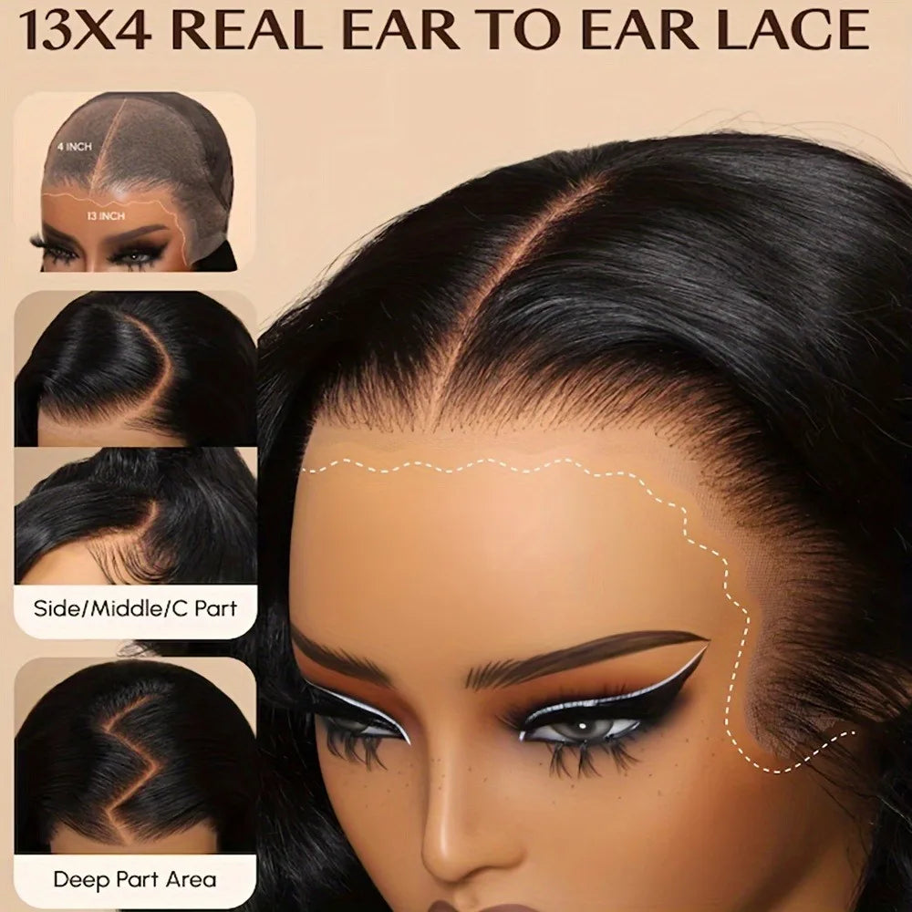 250% Density Glueless Human Hair Lace Front Wig - 13x4 Pre Plucked & Pre Cut 3D Dome Cap with Bleached Knots, Natural Black Body