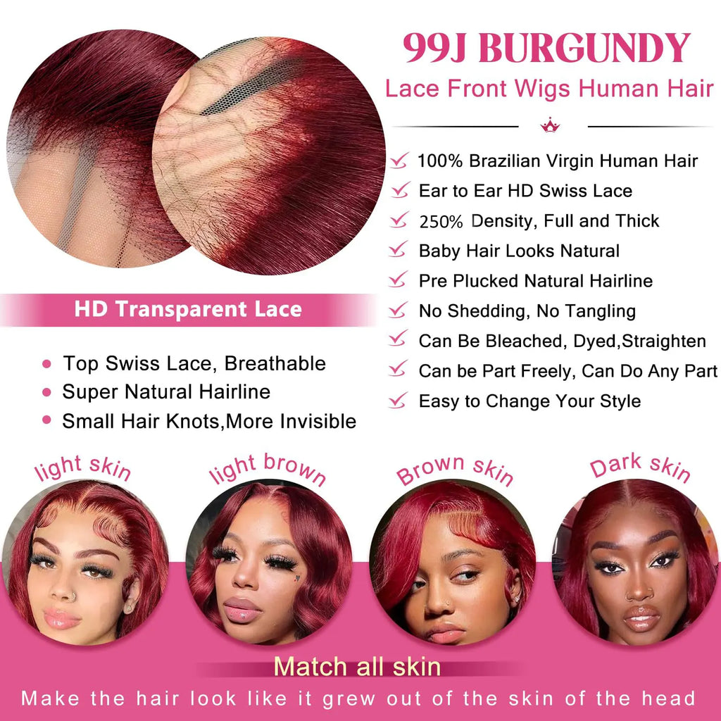 250% Density 99j Human Hair Wig 34 Inch Burgundy 13x4 HD Lace Frontal Body Wave Human Hair Wigs 100% Brazilian Human Hair