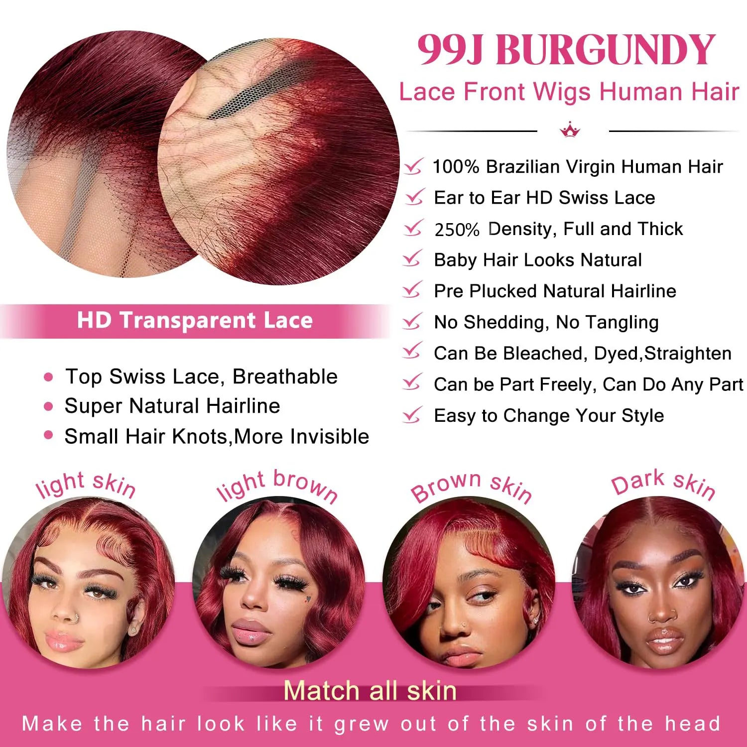 250% Density 99j Human Hair Wig 34 Inch Burgundy 13x4 HD Lace Frontal Body Wave Human Hair Wigs 100% Brazilian Human Hair