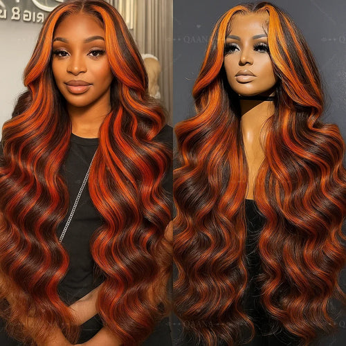 200% Density Ginger Brown Highlight Wig Human Hair Body Wave Lace Front Wigs Pre Plucked Ombre P1B/4 Ginger Orange Colored Wigs