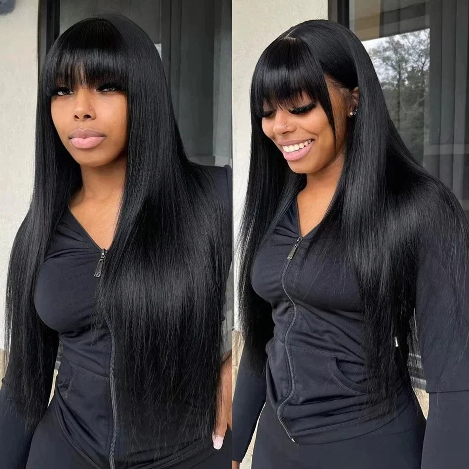 Straight Human Hair Wis 34 Inche Wigs With Bangs 3x1 Full Machine Made Human Hair Wigs For Women Natural Color 220% Density
