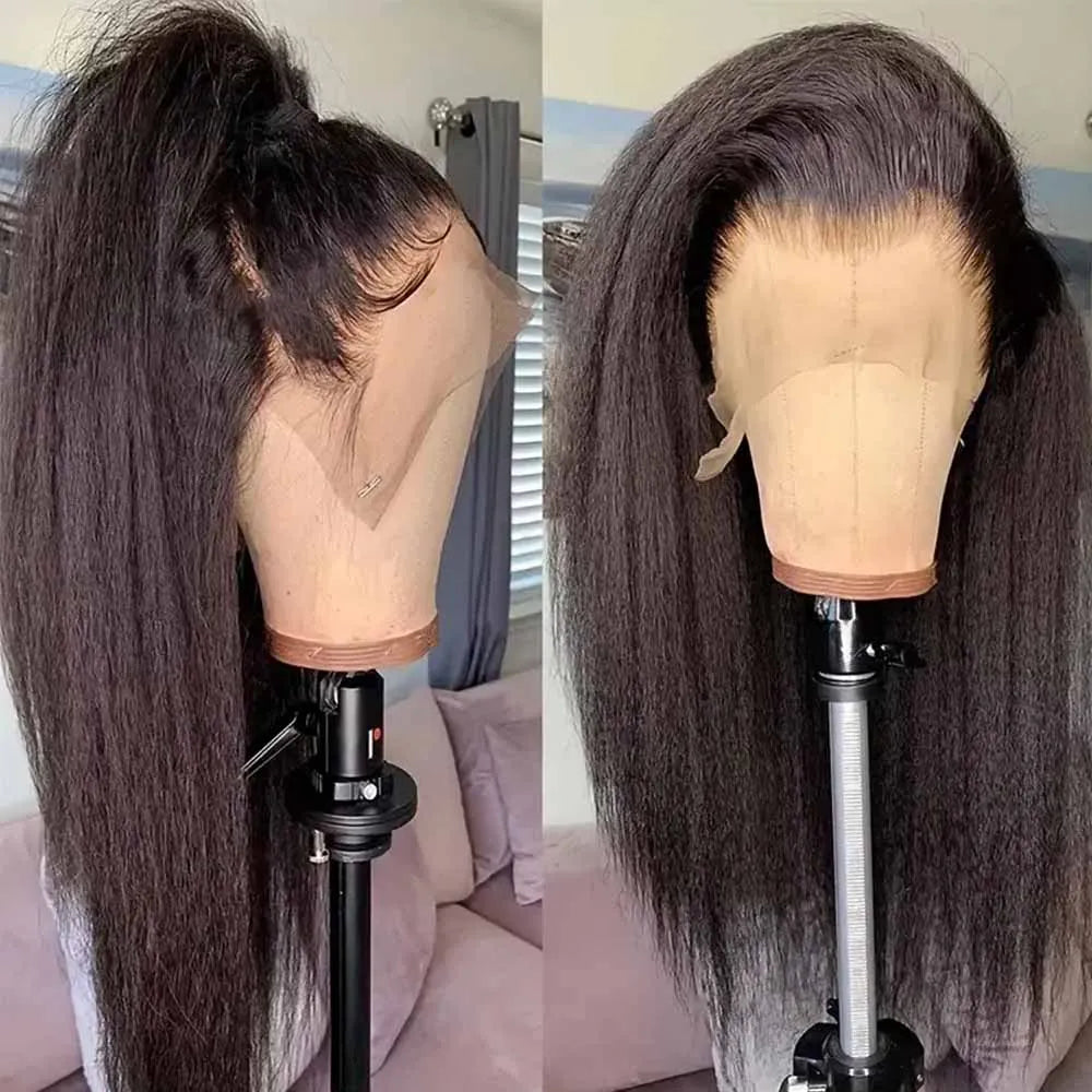 13x4 Kinky Straight Lace Front Human Hair Wig With Kinky Edges Baby Hair Glueless Yaki Straight HD Lace Frontal Wig 250% Denisty