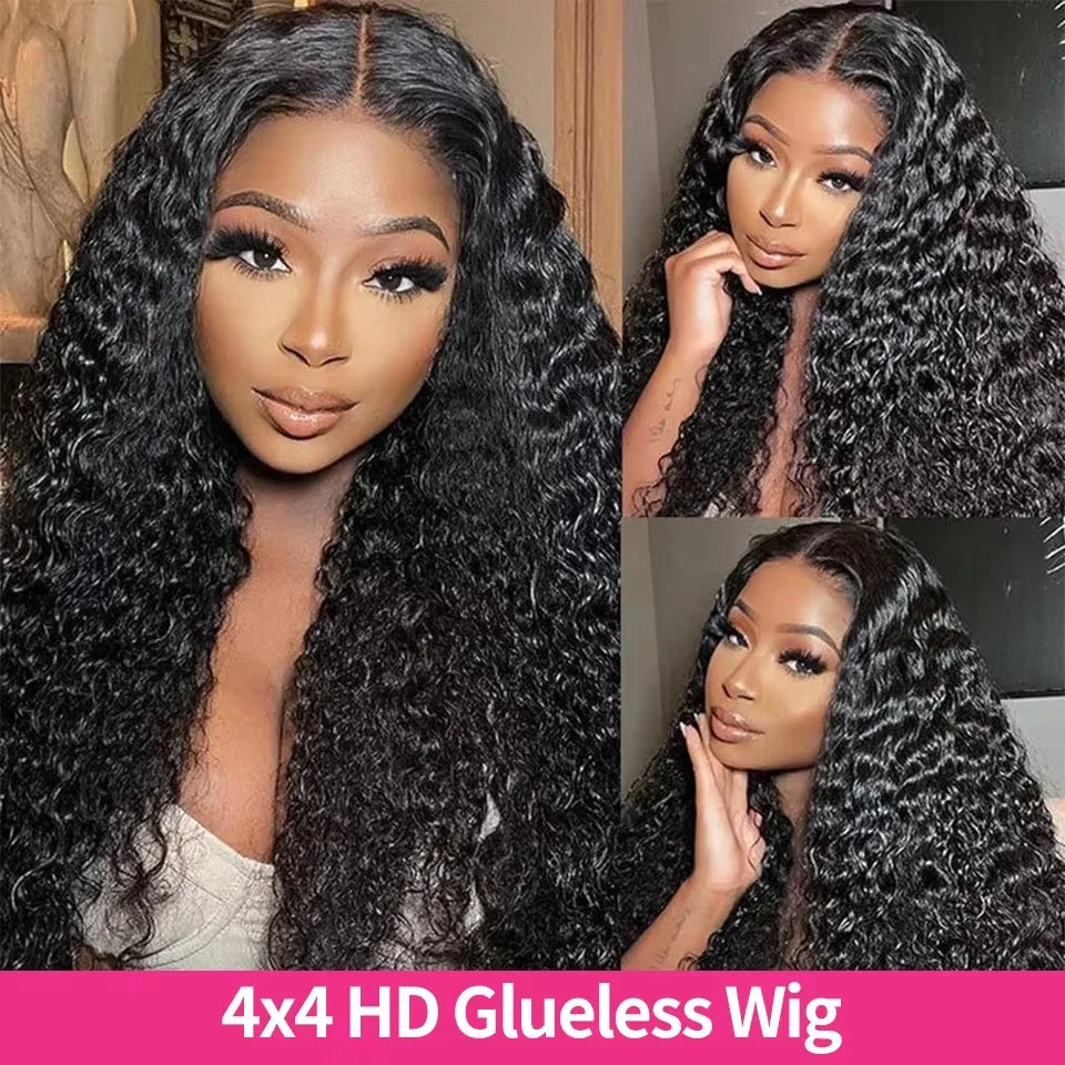 Curly 4x4 5x5 Glueless Lace Front Wig 220 Density Natural Color Deep Wave Pre Cut Brazilian HD Lace wigs Water Wave Human Hair