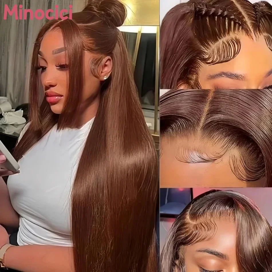 Chocolate Brown 13X6 Straight Human Hair Wigs 13X4 Hd Lace Frontal Wig 250 Density Colored Pre Plucked Brazilian Lace Front Wig
