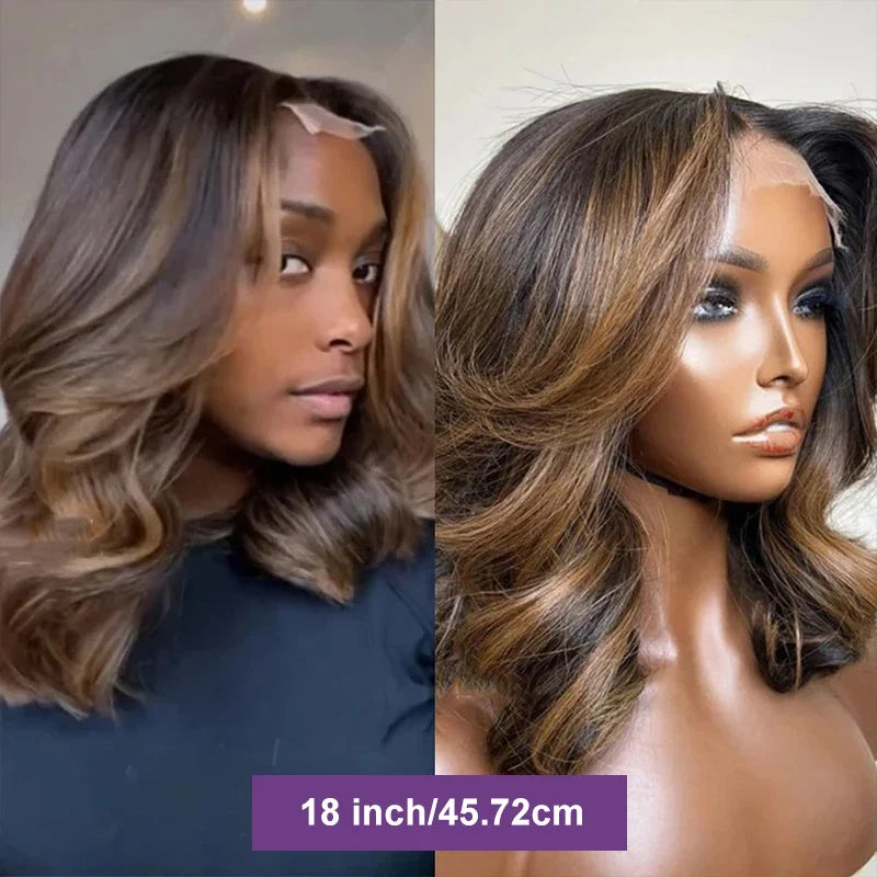 4/27 Highlight 13*4 Body Wave Glueless Closure100% Human Hair Frontal Wigs Ombre Brown Mix Blonde Water Wave Short Bob Wig