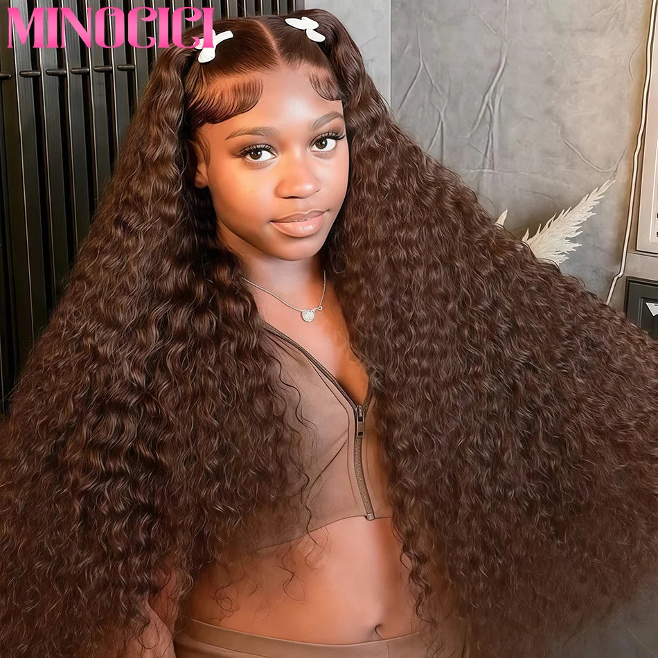 Chocolate Brown HD Lace Front Wigs Human Hair 200% Density Curly Lace Front Wigs Human Hair Deep Wave Wigs Human Hair For Women