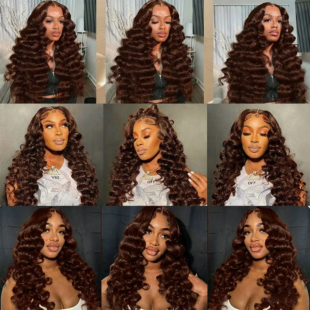 Deep Wave Chocolate Brown 13x4 Transparent Lace Frontal Wigs Human Hair 34 Inch  250% Density Loose Deep Curly Brown Colored Wig