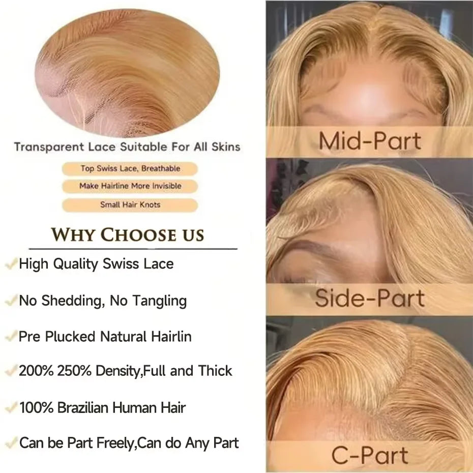 27# Body Wave 32 Inch Honey Blonde Color 13x6 HD Lace Front Wigs Human Hair 220% Density Raw Virgin Highlight Lace Frontal Wig
