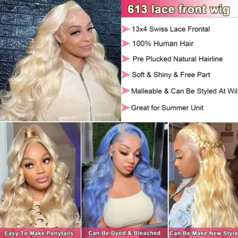 20 34 Inch 250% Density 613 Human Hair Wig 13x6 Hd Lace Frontal Wig Body Wave Lace Front Wig Honey Blonde Human hair For Women