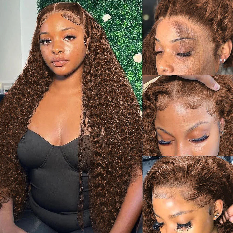 Chocolate Brown Human Hair Wig Colored Curly Human Hair Wig 30 32 Inch 13x4 Deep Wave Lace Front Wig 13x6 HD Lace Frontal Wig