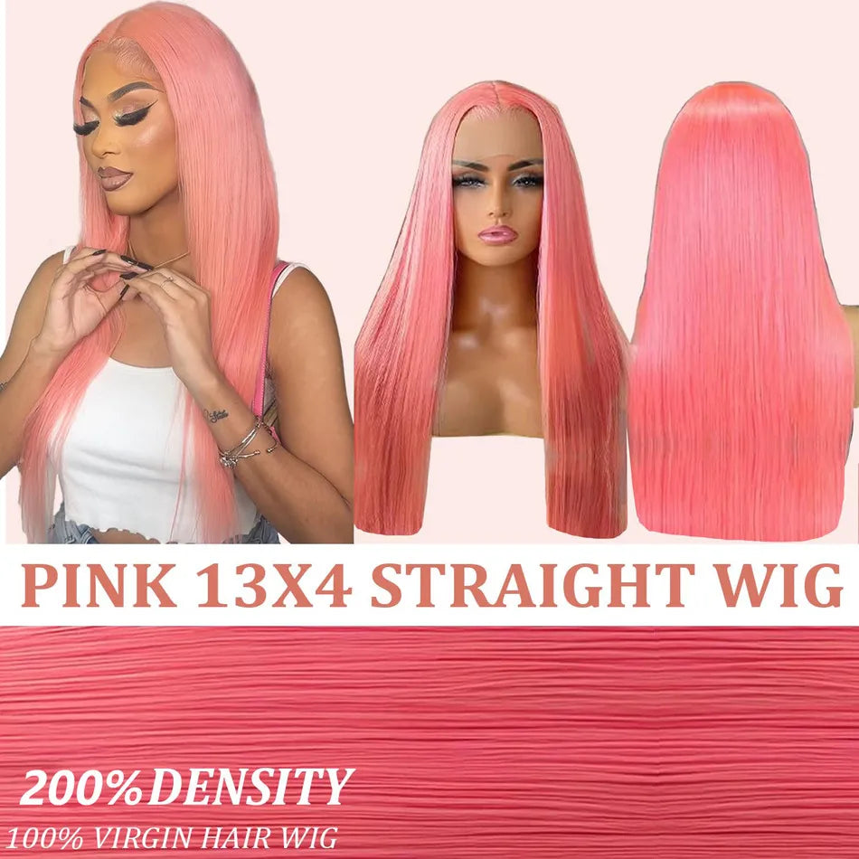 Pink 13x6 Hd Straight Lace Front Wig Human Hair 30 Inch Pink Lace Front Wig Human Hair For Black Women Pre Plucked 200% Density