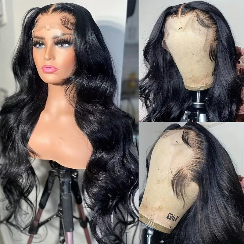 250% Density Glueless Human Hair Lace Front Wig - 13x4 Pre Plucked & Pre Cut 3D Dome Cap with Bleached Knots, Natural Black Body