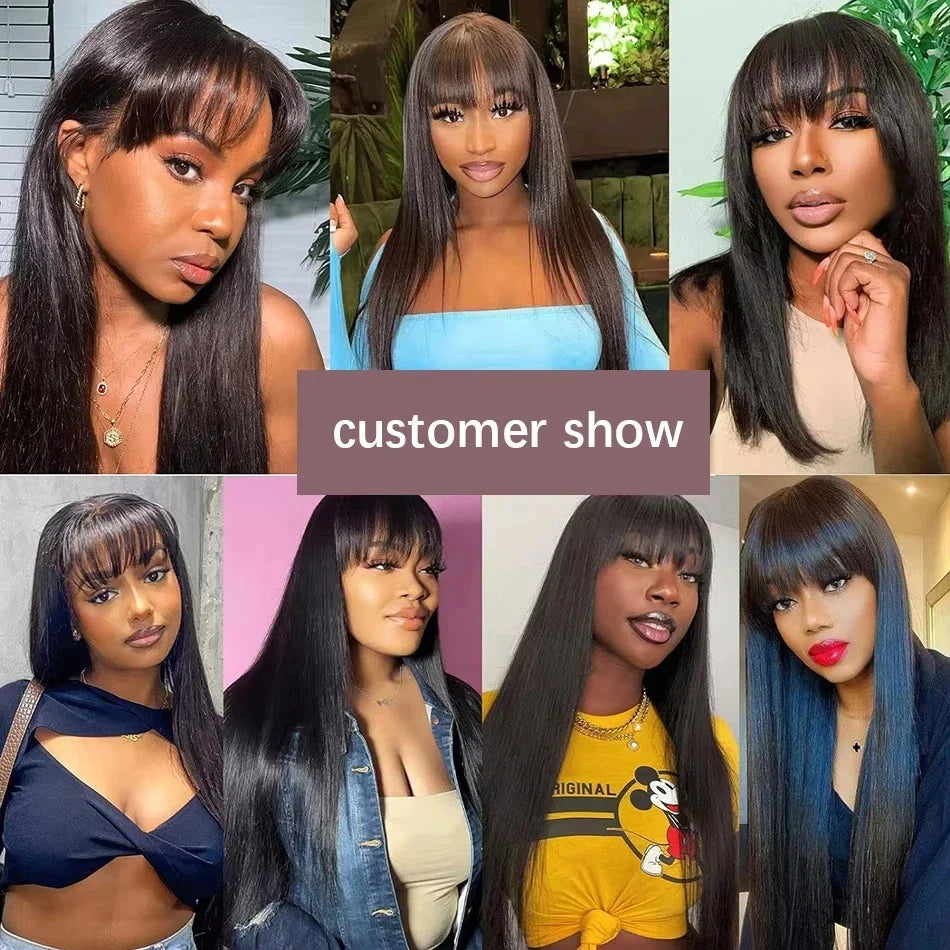Straight Human Hair Wis 34 Inche Wigs With Bangs 3x1 Full Machine Made Human Hair Wigs For Women Natural Color 220% Density