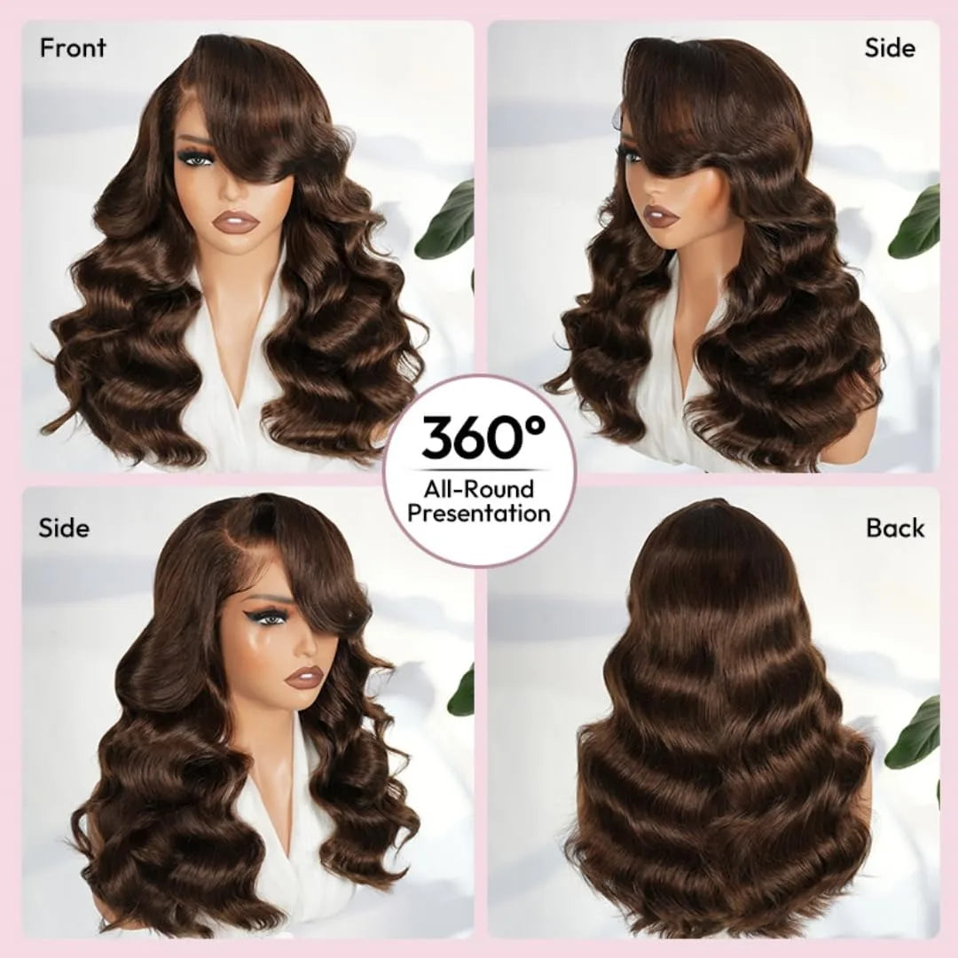 200 Density Chocolate Brown Human Hair Wig Body 13x4 Closure Transparent Lace Wig Layered Side Part Human Hair  Pre Plucked Pre