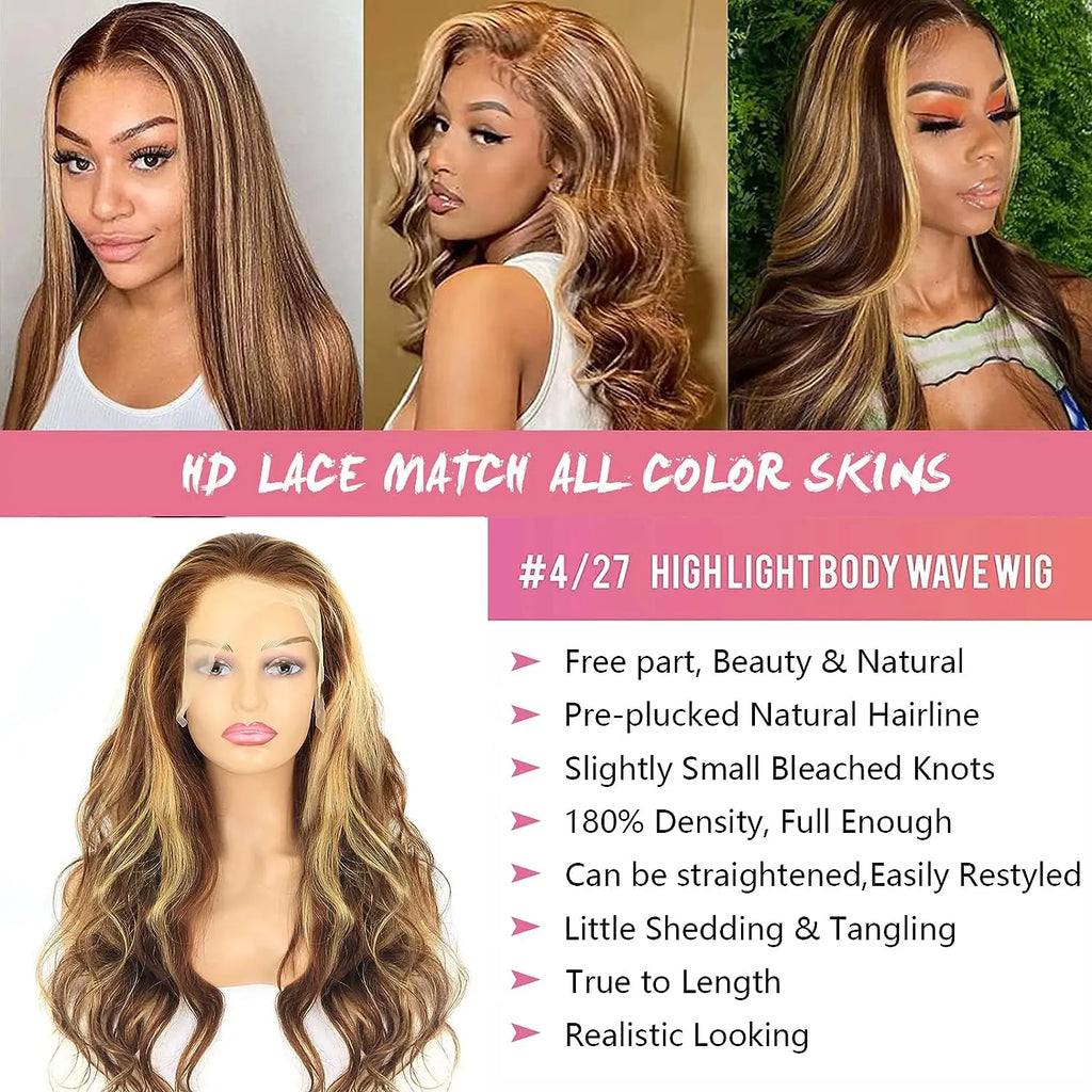 13x4 13x6 Hd Highlight Body Wave Lace Front Wig For Women Remy P4/27 Ombre Human Hair Lace Frontal Human Hair Wigs Choice Glue