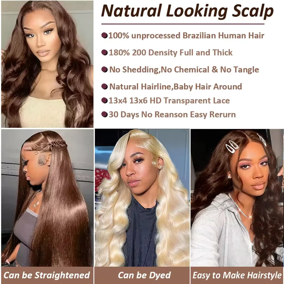 46 Inches Body Wave #4 Chocolate Brown 13x6 HD Lace Frontal Wigs  #4 Colored  Chocolate Brown Human Hair Wigs For Women hair