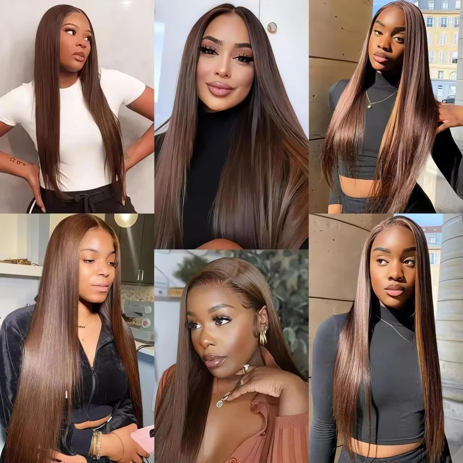 Chocolate Brown 13X6 Straight Human Hair Wigs 13X4 Hd Lace Frontal Wig 250 Density Colored Pre Plucked Brazilian Lace Front Wig