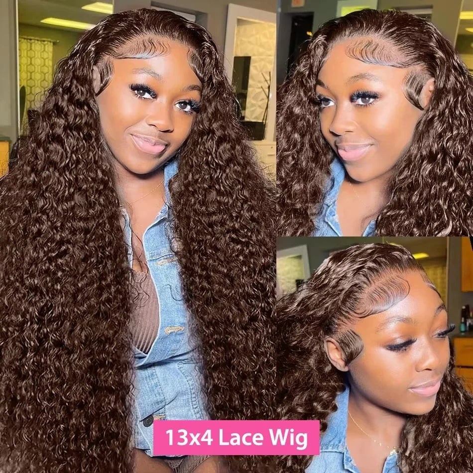 Chocolate Brown Human Hair Wig Colored Curly Human Hair Wig 30 32 Inch 13x4 Deep Wave Lace Front Wig 13x6 HD Lace Frontal Wig