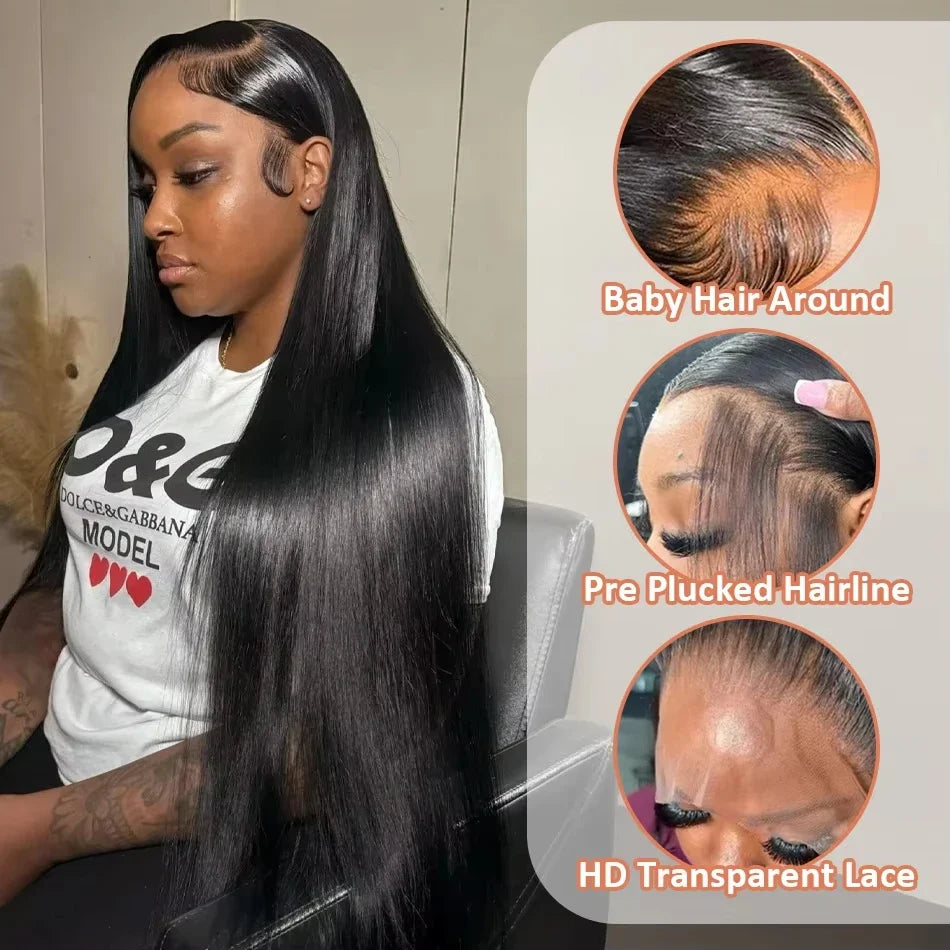 Bone Straight Lace Front Wigs Human Hair Brazilian 13x4 13x6 5x5HD Transparent Lace Frontal Wigs For Women 40 Inches 220 Density