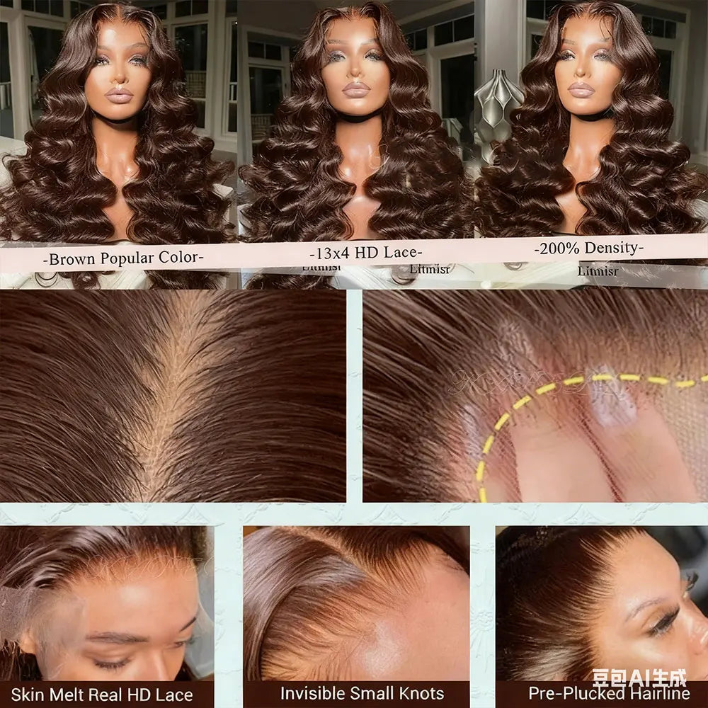Deep Wave Chocolate Brown 13x4 Transparent Lace Frontal Wigs Human Hair 34 Inch  250% Density Loose Deep Curly Brown Colored Wig