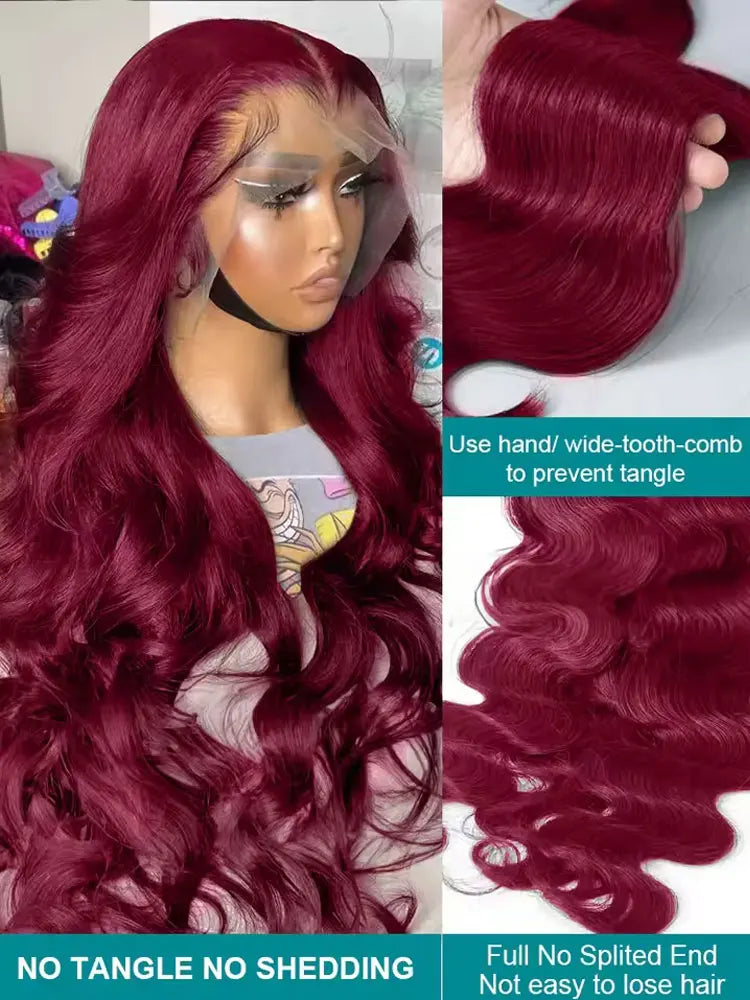 250% Density 99j Human Hair Wig 34 Inch Burgundy 13x4 HD Lace Frontal Body Wave Human Hair Wigs 100% Brazilian Human Hair