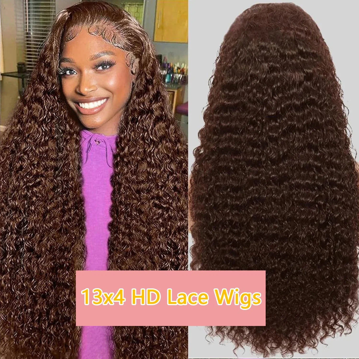 Chocolate Brown HD Lace Front Wigs Human Hair 200% Density Curly Lace Front Wigs Human Hair Deep Wave Wigs Human Hair For Women