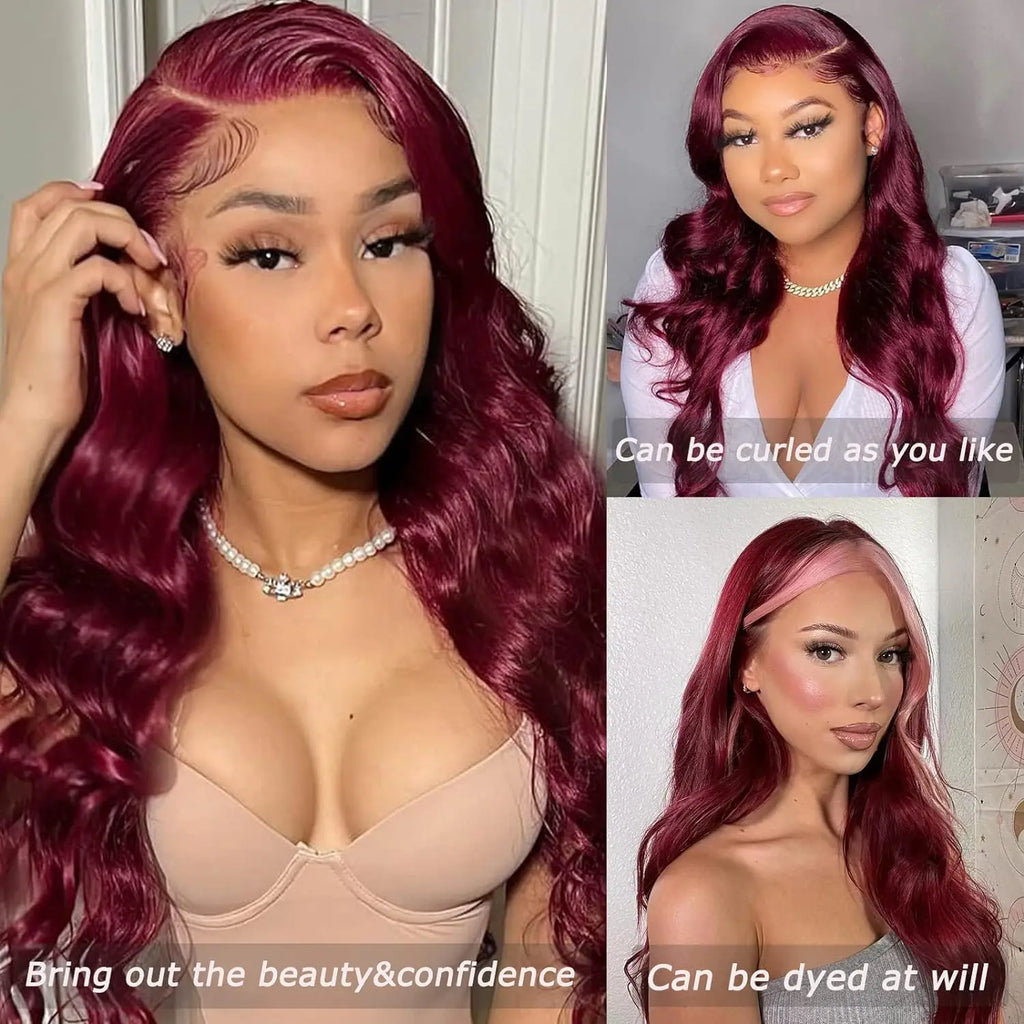 250% Density 99j Human Hair Wig 34 Inch Burgundy 13x4 HD Lace Frontal Body Wave Human Hair Wigs 100% Brazilian Human Hair