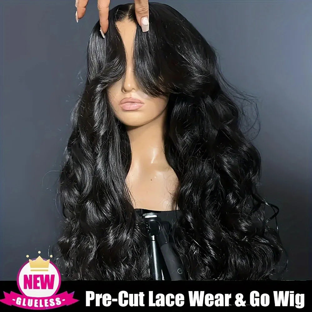 250% Density Glueless Human Hair Lace Front Wig - 13x4 Pre Plucked & Pre Cut 3D Dome Cap with Bleached Knots, Natural Black Body