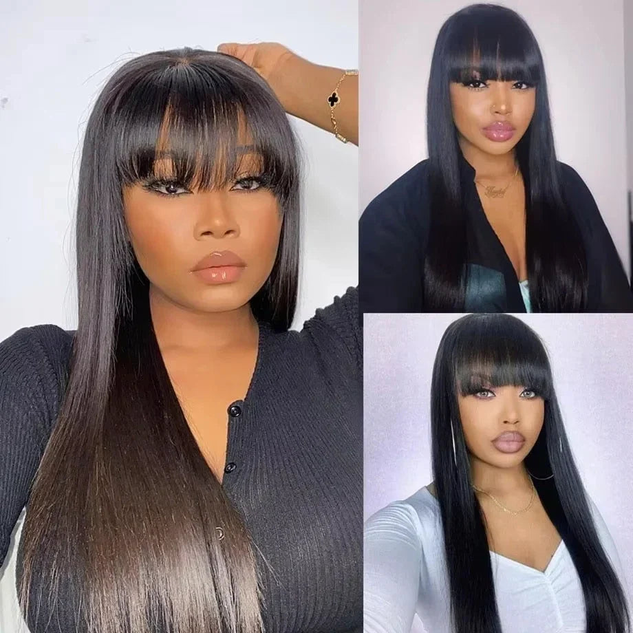 Straight Human Hair Wis 34 Inche Wigs With Bangs 3x1 Full Machine Made Human Hair Wigs For Women Natural Color 220% Density