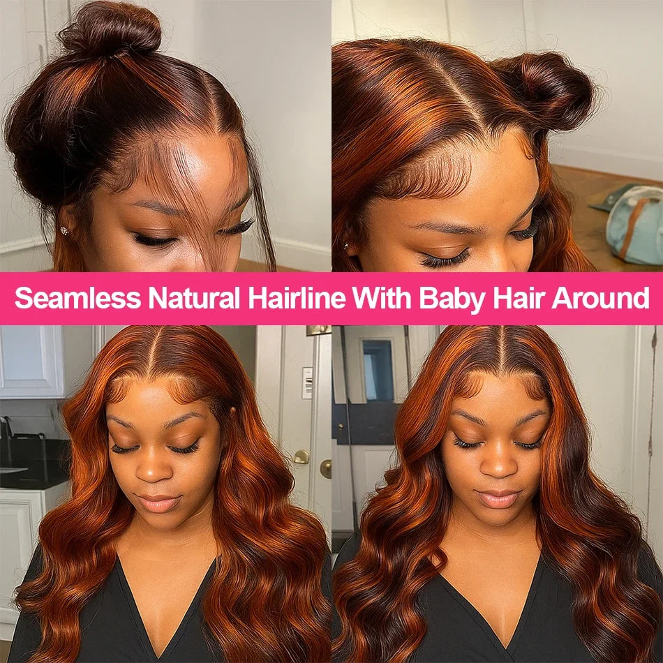 200% Density Ginger Brown Highlight Wig Human Hair Body Wave Lace Front Wigs Pre Plucked Ombre P1B/4 Ginger Orange Colored Wigs