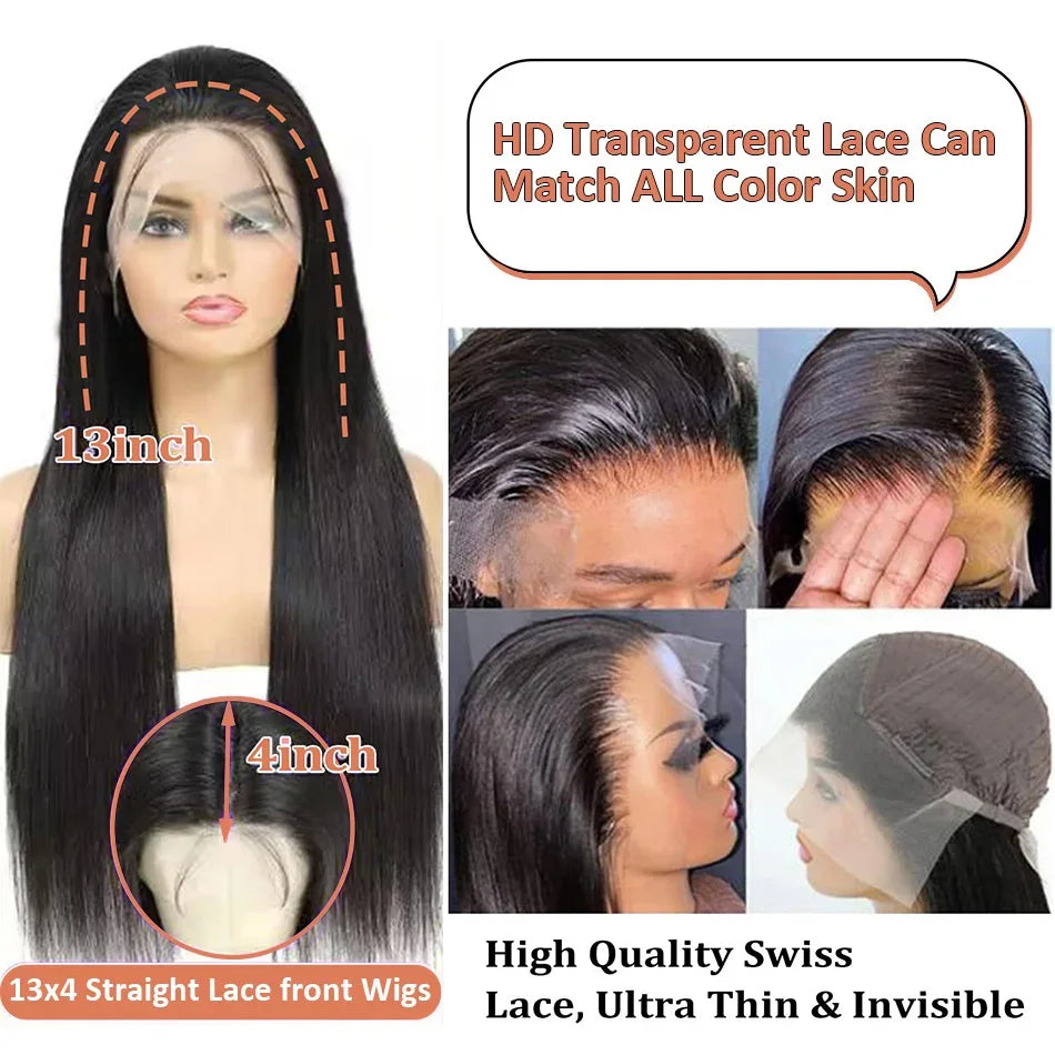 200% Density 42 Inch HD Lace Front Human Hair Wigs Straight 13x4 Transparent Lace Frontal Human Hair Wigs Pre Plucke For Women
