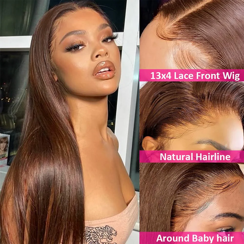 13x4 HD Chocolate Brown Bone Straight Lace Front Wig 34Inch Lace Frontal Wig Human Hair PrePlucked #4 Color Human Hair Wigs
