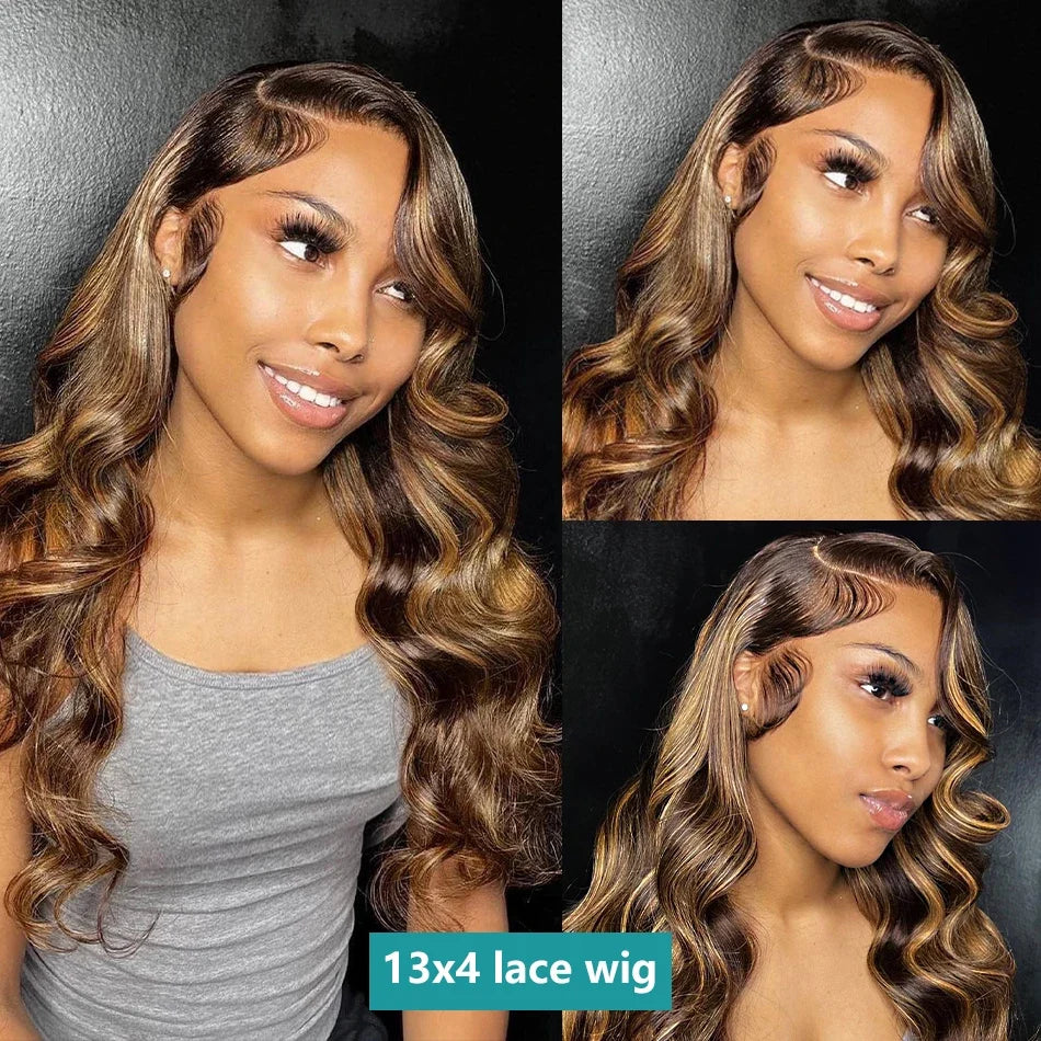 13x4 13x6 Hd Highlight Body Wave Lace Front Wig For Women Remy P4/27 Ombre Human Hair Lace Frontal Human Hair Wigs Choice Glue