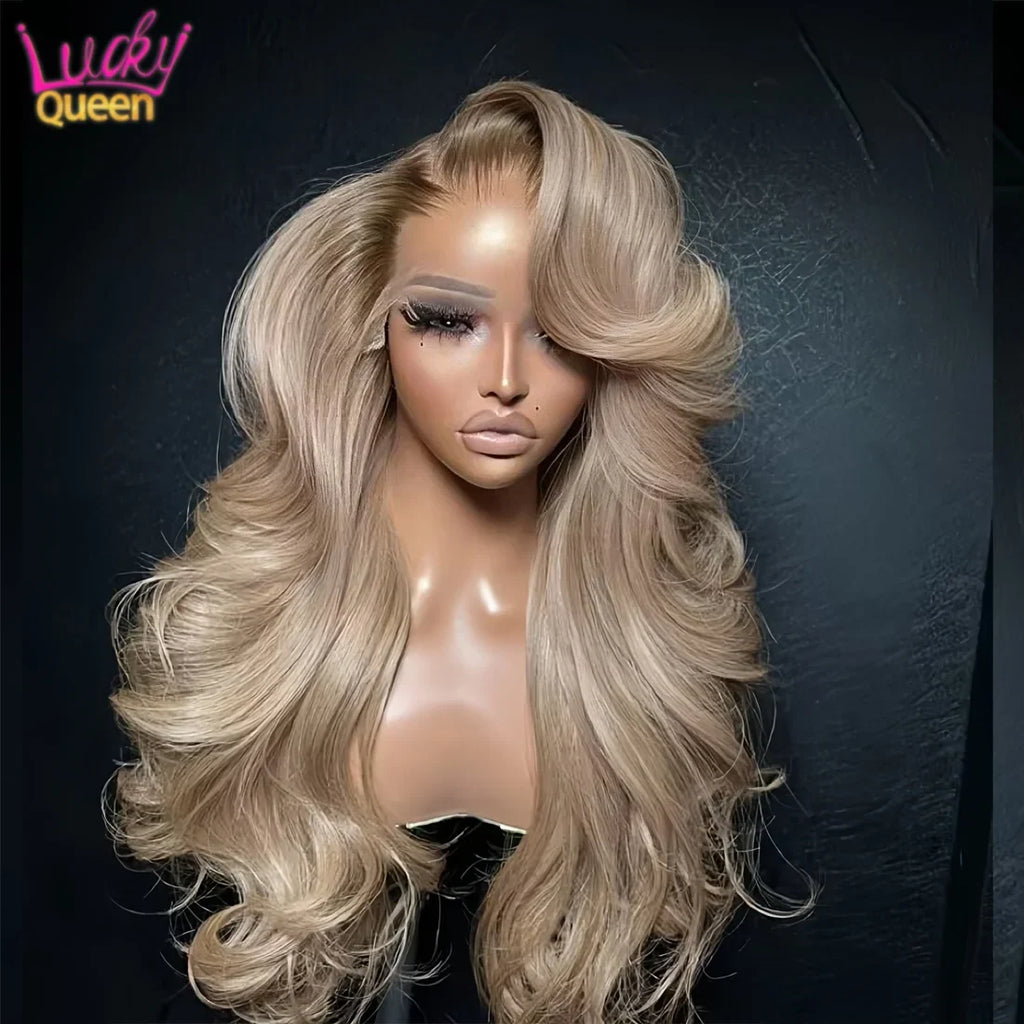 Ombre Blonde 13X4 Transparent Lace Front Human Hair Wig Brown Root Body Wave Ash Blonde 5X5 Closure Wig Pre Plucked