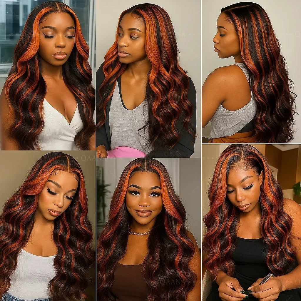 200% Density Ginger Brown Highlight Wig Human Hair Body Wave Lace Front Wigs Pre Plucked Ombre P1B/4 Ginger Orange Colored Wigs