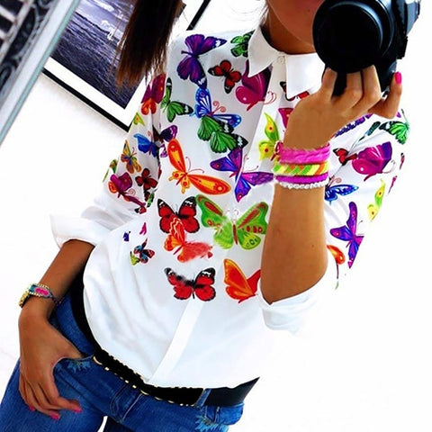 Women's Fashion Butterfly Flower Printing Long-Sleeved Casual Blouse Shirt