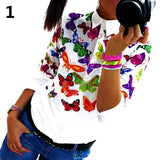 Women's Fashion Butterfly Flower Printing Long-Sleeved Casual Blouse Shirt