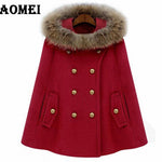 Coat of Women's Cashmere 2019 Winter Autumn Clock Wool Warm with Removable Fur Collar Hat Double Button Female Outerwear Manteau