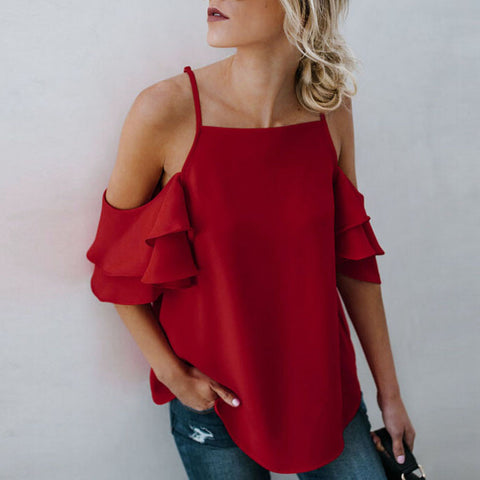 Sexy Women Off Shoulder Blouse Solid Ruffles Chiffon blusas Fashion Ladies Camisas Shirts 2018 Hot Summer Beach Tops *50