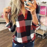 Plaid Women's Shirt Casual Long Sleeve V Neck Women's Tops And Blouses Loose Plus Size Ladies Tunic Autumn Women Tops Pullovers