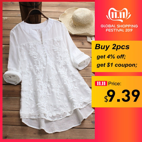 Embroidery Women's White Blouse Casual Plus Size Tops Elegant V-Neck Long Sleeve Tunic Summer Autumn Floral Print Women's Shirt