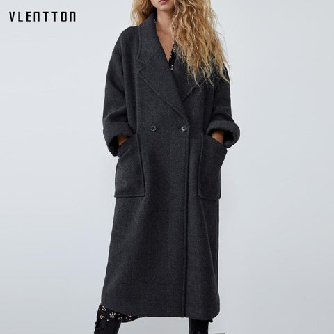 Autumn Winter Vintage Long Wool Coat Female Solid Oversize Jacket Women's Outerwear Casual Loose Warm Overcoats Manteau Femme