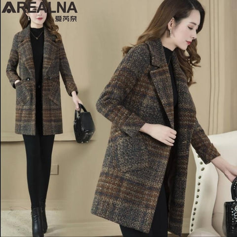 2019 autumn and winter woolen coat female plaid New Korean temperament women's popular Outerwear woolen coat manteau femme 4XL