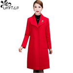 UHYTGF Womens autumn wool coat Single-breasted slim plus size jacket elegant mom casual warm long woolen coats manteau femme 956