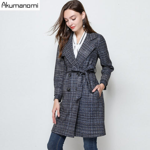 Autumn Winter Plaid Coat Women's Wool Blend Trench Plus Size 5XL-l Casual Sashes Full Sleeve Pocket Outerwear Clothing Manteau